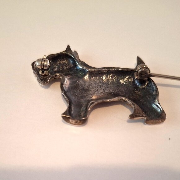 Vintage Jezlaine Signed Sterling Silver Scottie Dog Blue Rhinestone Collar Pin - Picture 2 of 3